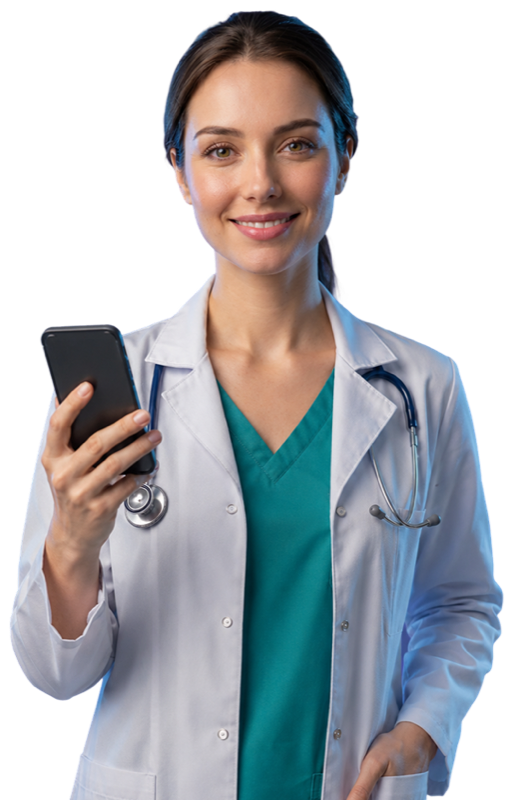 Médica sorrindo, atendendo pelo celular